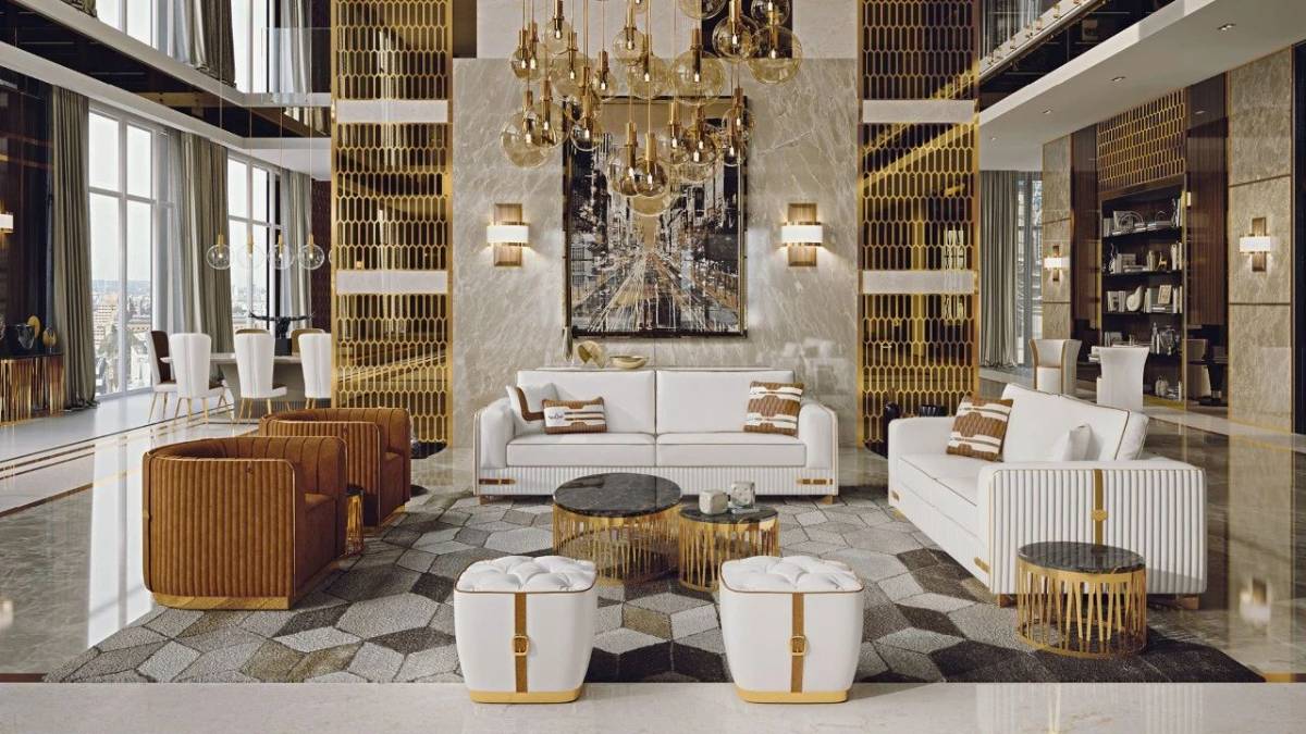 Altın oturma odası tasarımı lüks koltuk takımı altın varak mobilyalar puflar sehpalar yemek odası