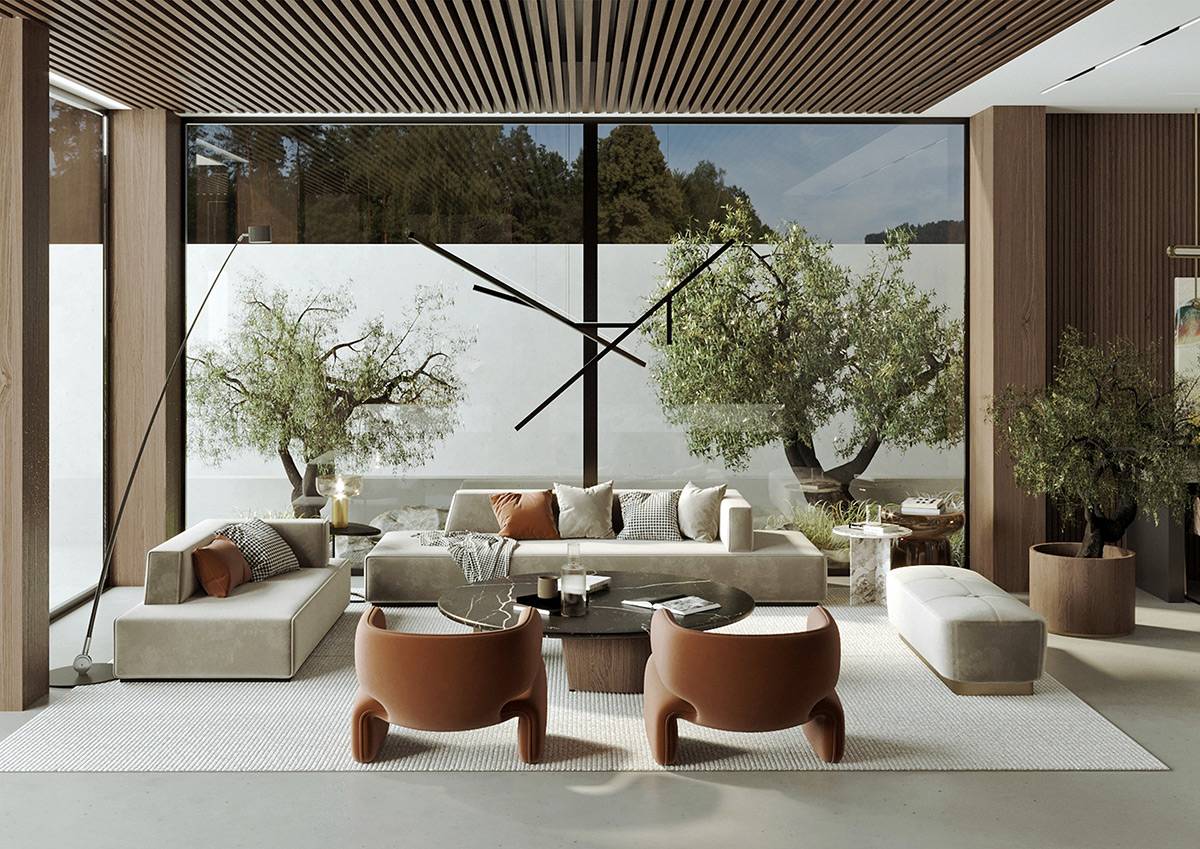 Bahçeli oturma odası tasarımı modern lüks koltuk takımı özel tasarım