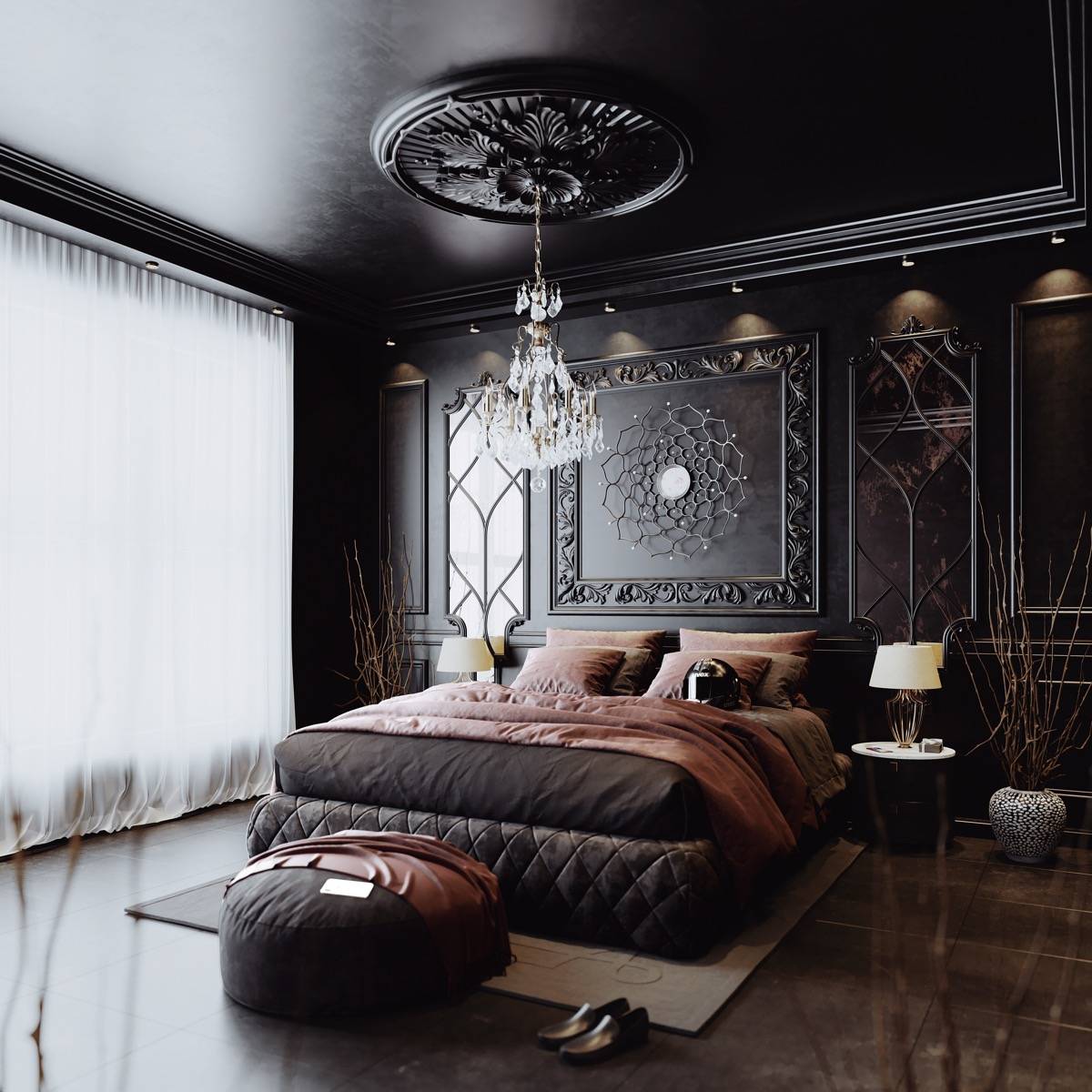 Siyah barok Siyah bir yatak odası zemini için barok tasarımı